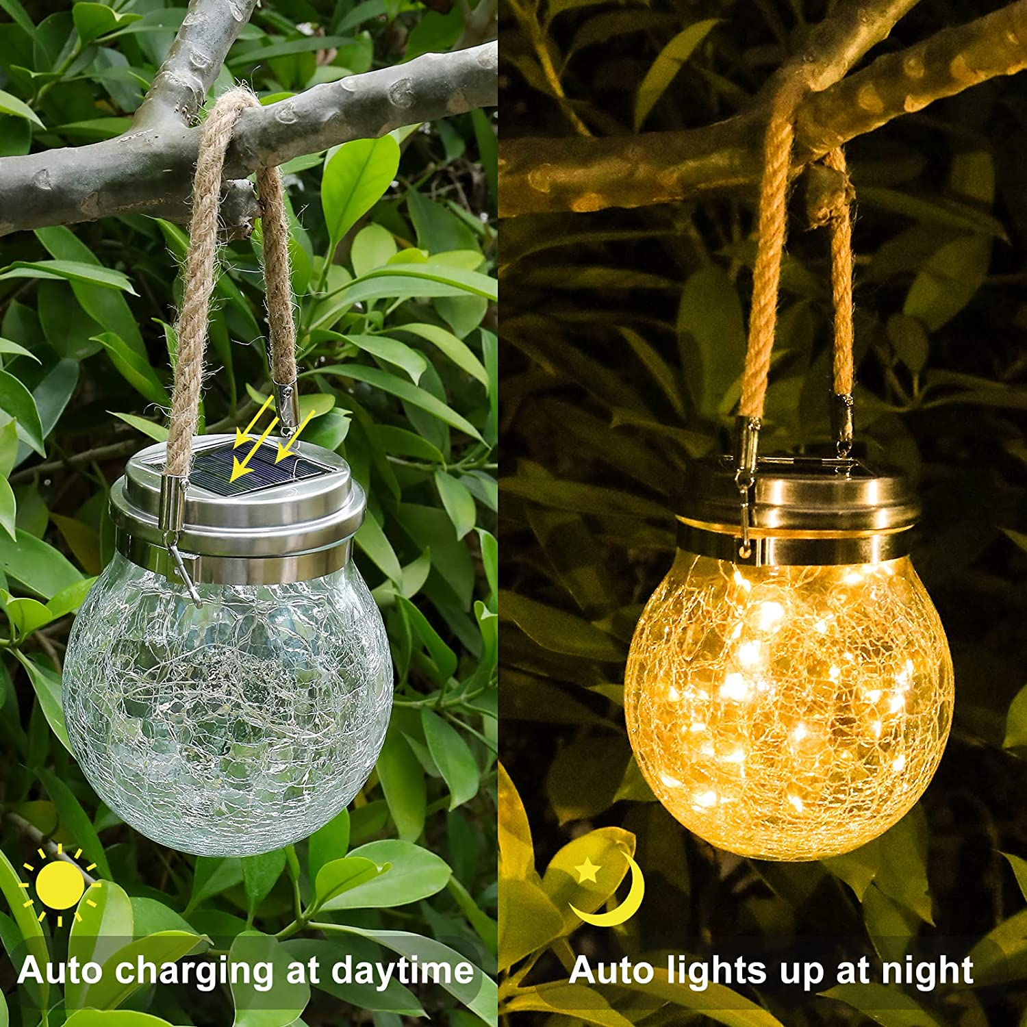 Garden Solar Lights, Cracked Glass round Ball Light Outdoor Decor, Waterproof Decorative Warm White LED Globe Light for Landscape Walkway Backyard Patio Yard Lawn Pathway Garden Decoration (Hanging Light) image number 3