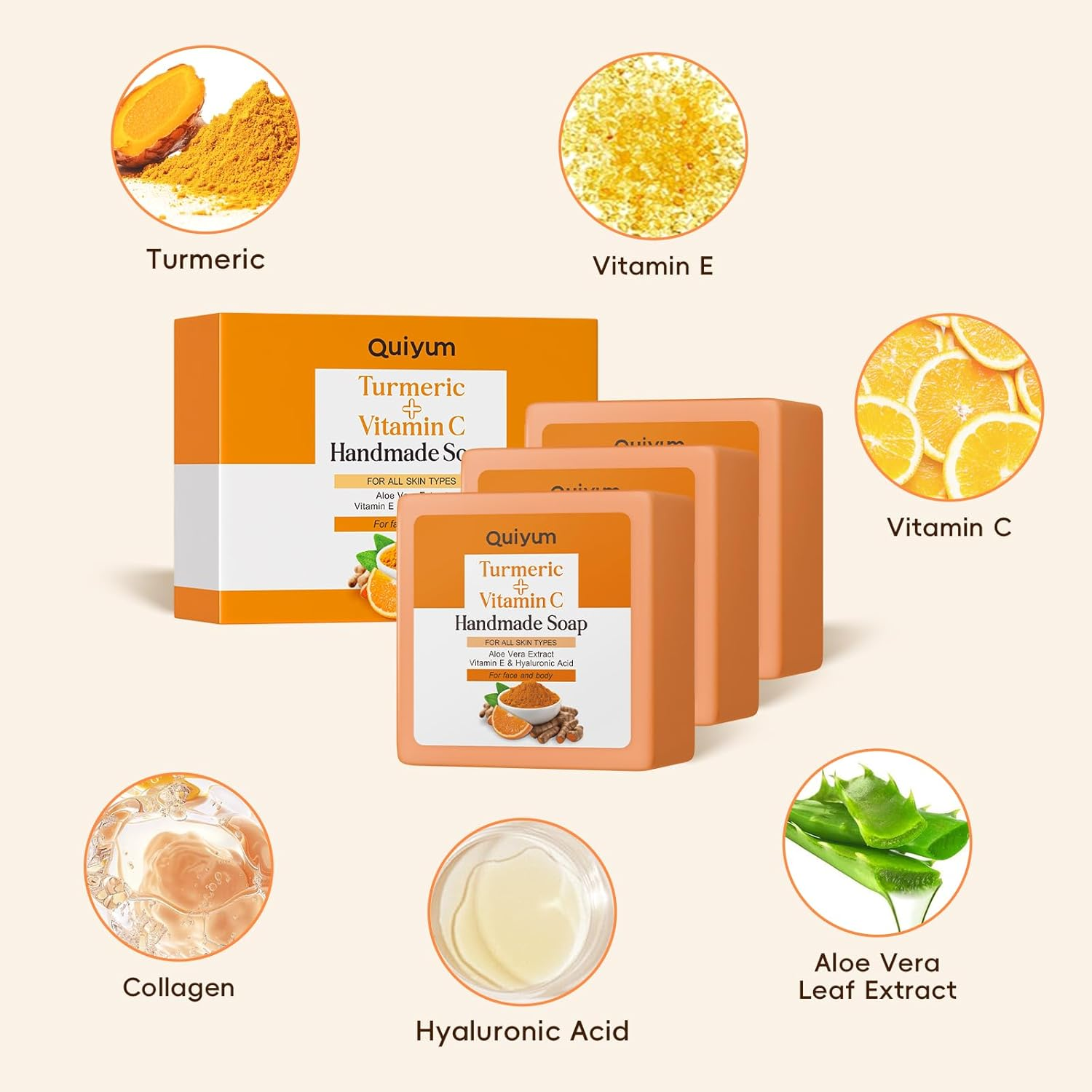 Quiyum Turmeric & Vitamin C Soap Bar (3X120G), Face & Body Cleanser with Aloe Vera, Vitamin E, Collagen & Hyaluronic Acid for Even Skin Tone, Dark Spot, Acne & Smooth Skin, with a Foaming Net image number 5