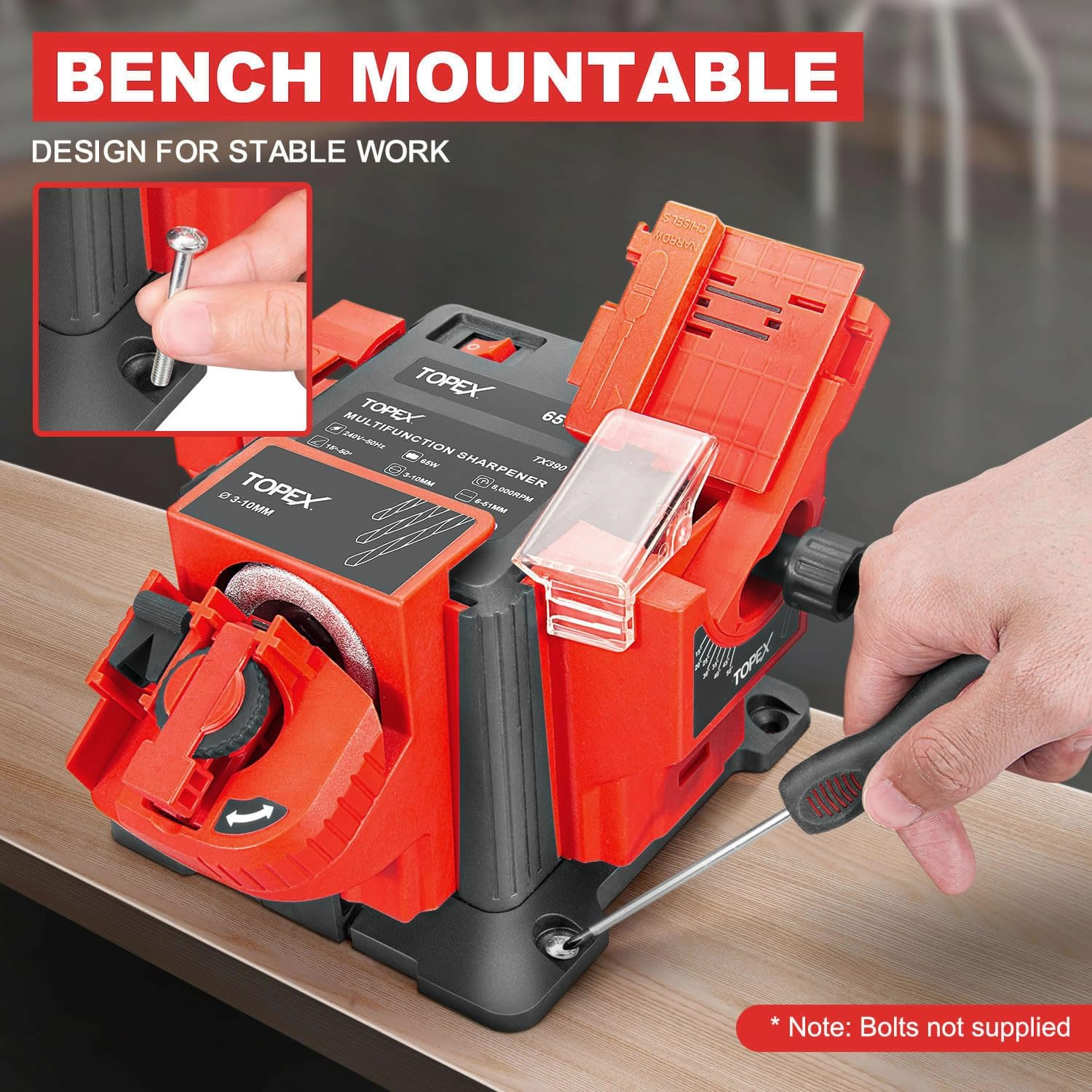 TOPEX 65W Electric Multifunction Sharpener SAA Drill Bit Knives Scissors Chisel Universal Electric Powered Multitask Sharpening Machine Diamond Grinding Wheel for Grinding, Sharpening image number 5