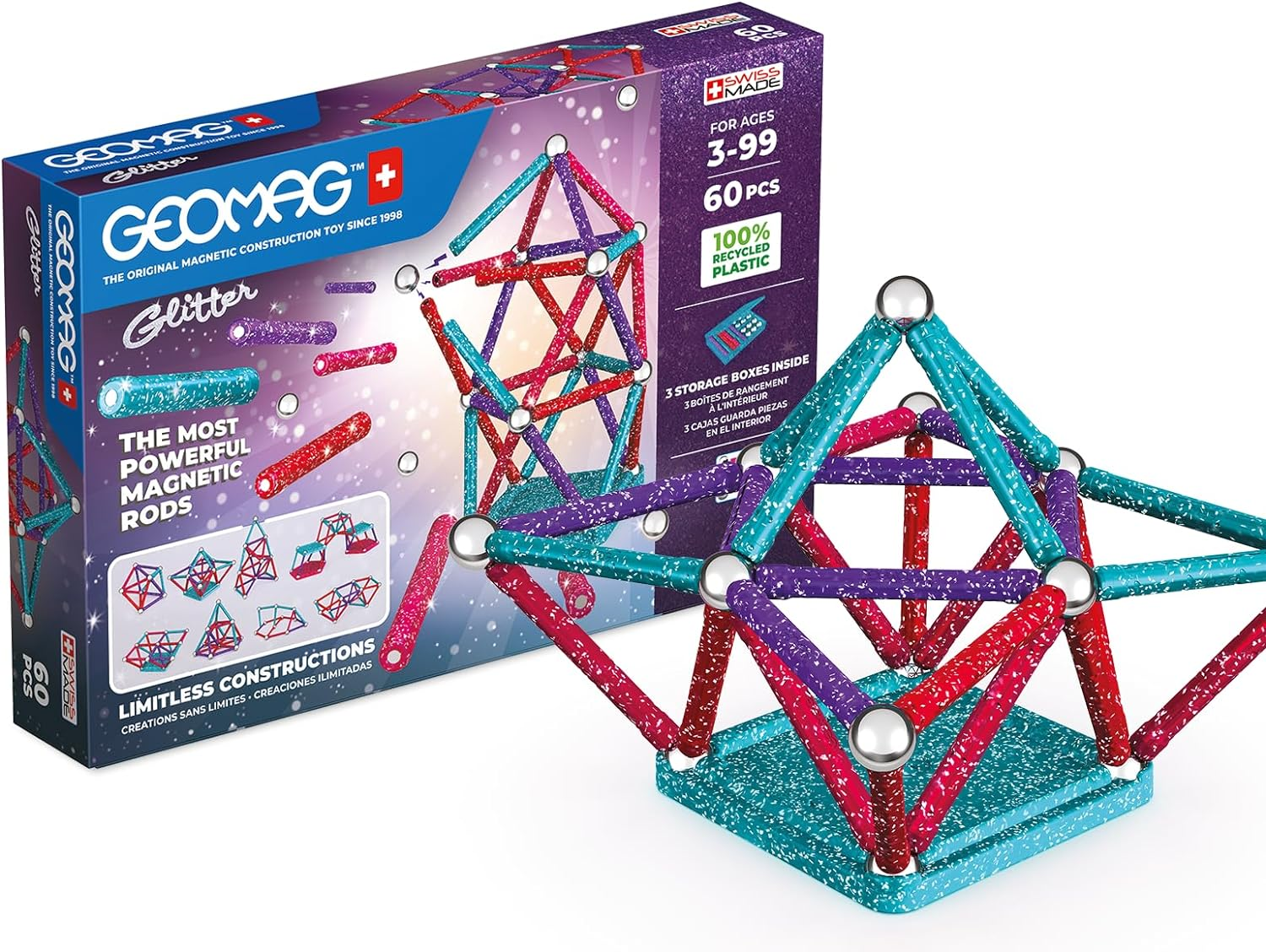 Geomag, Recycled Glitter, Magnetic Constructions with Glitter Effect, Colorful and Glittery Magnetic Bars, 60-Piece Pack, 100% Recycled Plastic, White image number 5