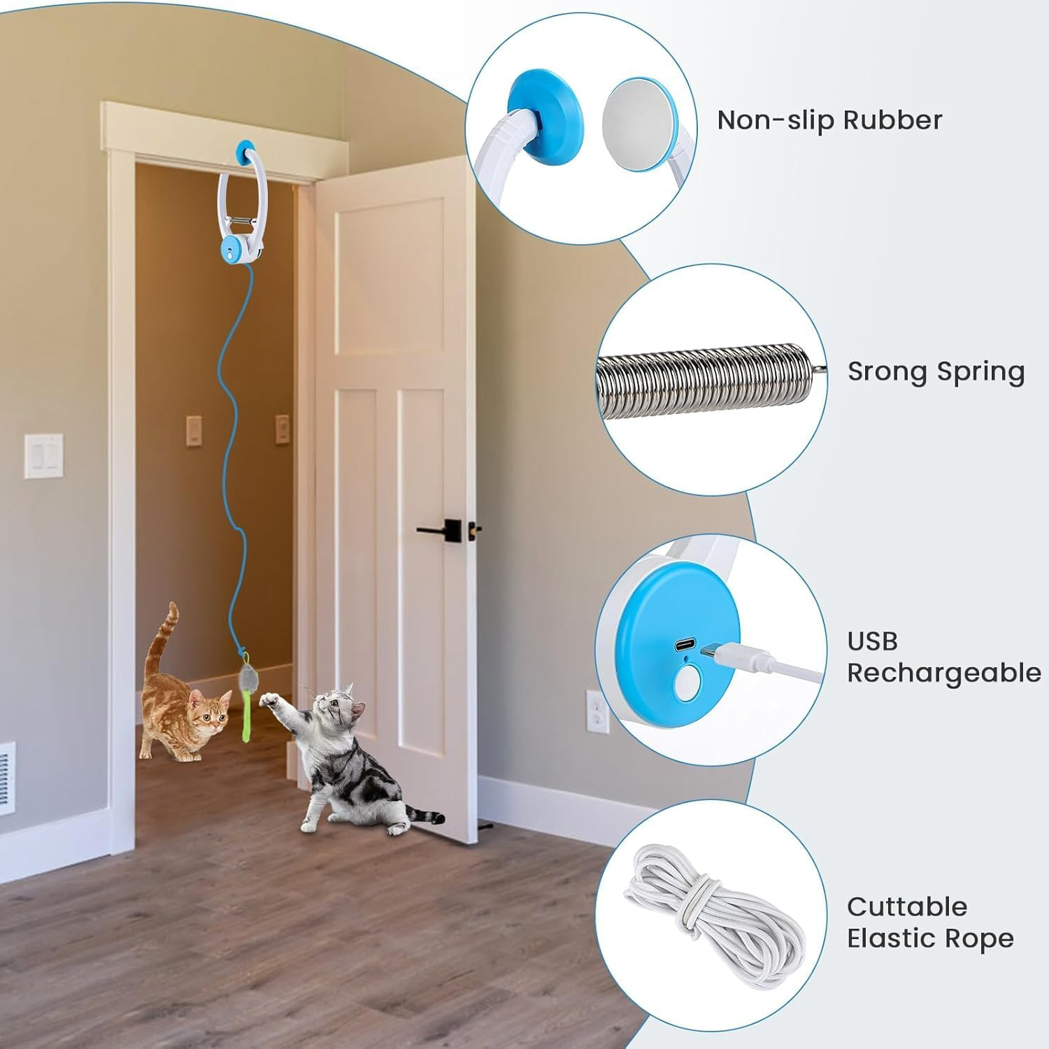 PETTOM Cat Toys Interactive for Indoor Cats, Smart USB Rechargeable Door Hanging Automatic Retractable Cat Enrichment Toys, Teaser Electronic Self Play Cat String Mouse Toys Hunting Exercising image number 6