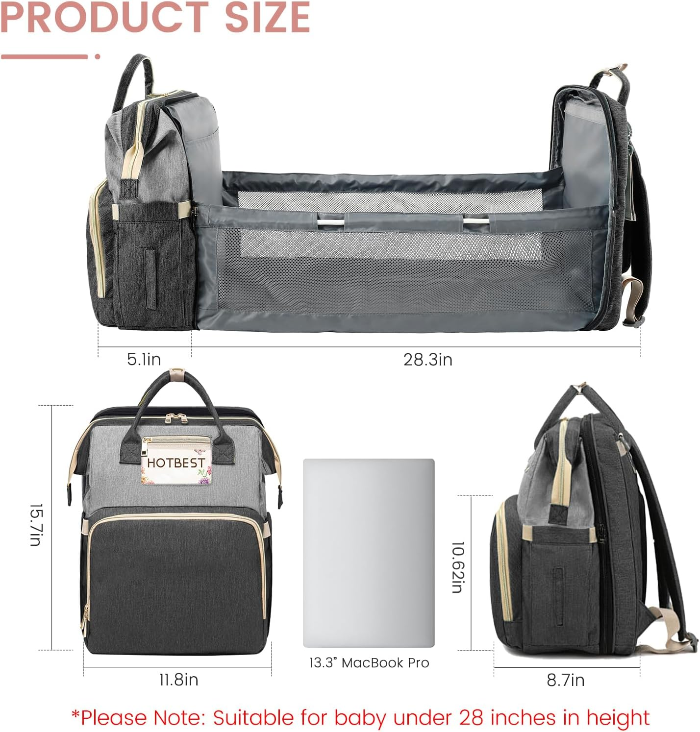 Baby Diaper Bag Backpack, Large Capacity Portable Baby Changing Bag, Multifunctional Nappy Bags, with 13 Pockets Waterproof Mummy Shoulder Bags, Travel Organize - Pink Gray image number 2