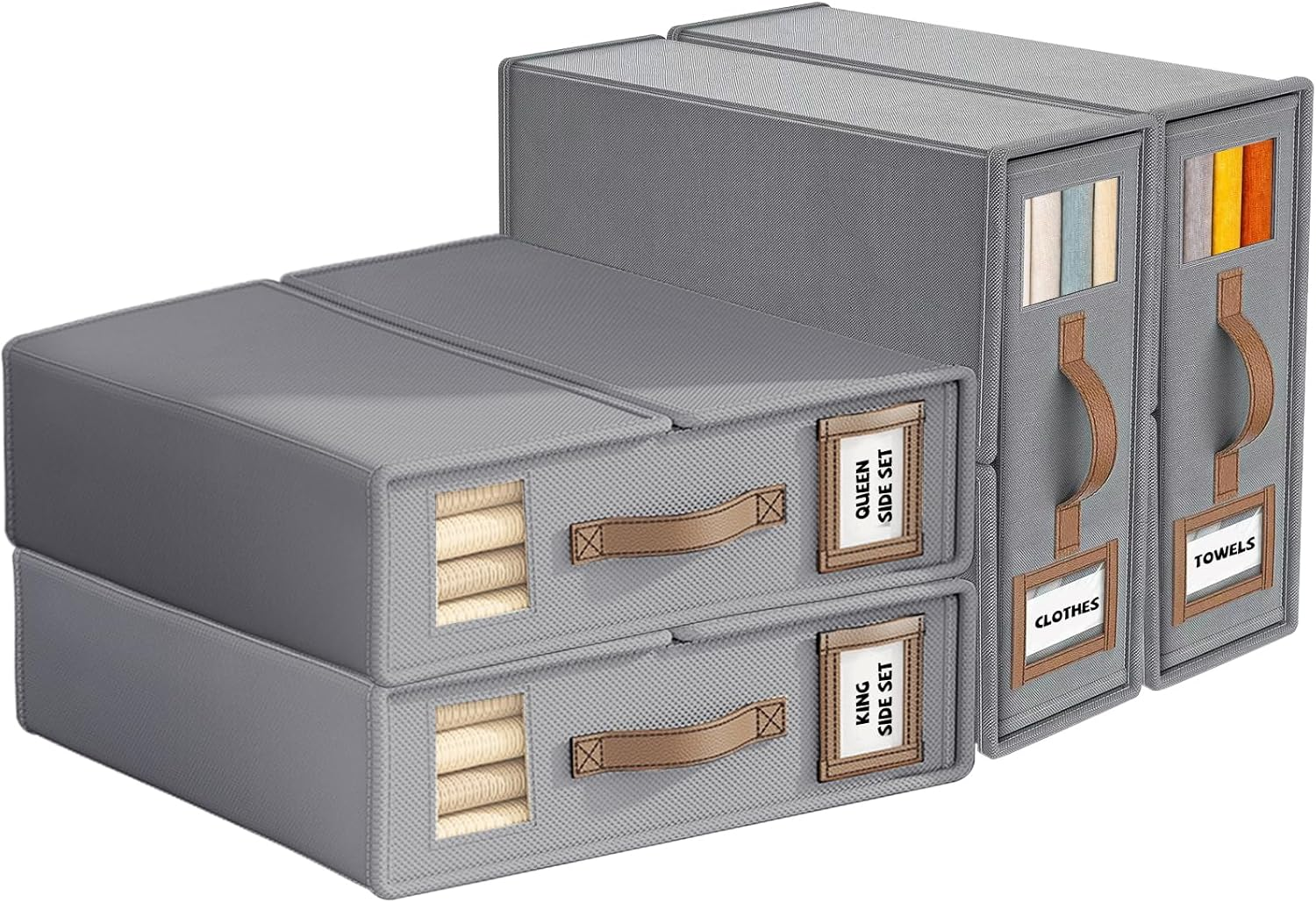 4 Pack Bed Sheet Organizers and Storage, Foldable Linen Closet Organiser with Window and Label, Home Storage & Organisation for Bedding Sheets,Duvet Covers,Blankets (Grey) image number 2