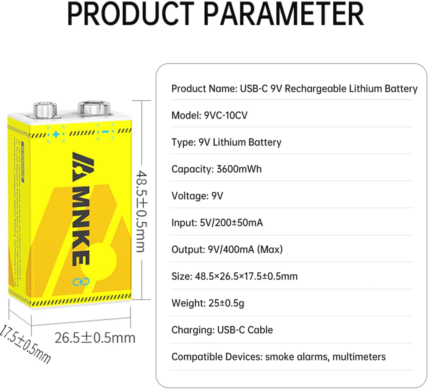 2PCS 9V Rechargeable Lithium Batteries 9V 3600Mwh High-Capacity 2000+ Cycles Ultra-Long Lasting Time Durable Cycle 2-Pack Set with Type-C Cable (Black 2-Pack Set)