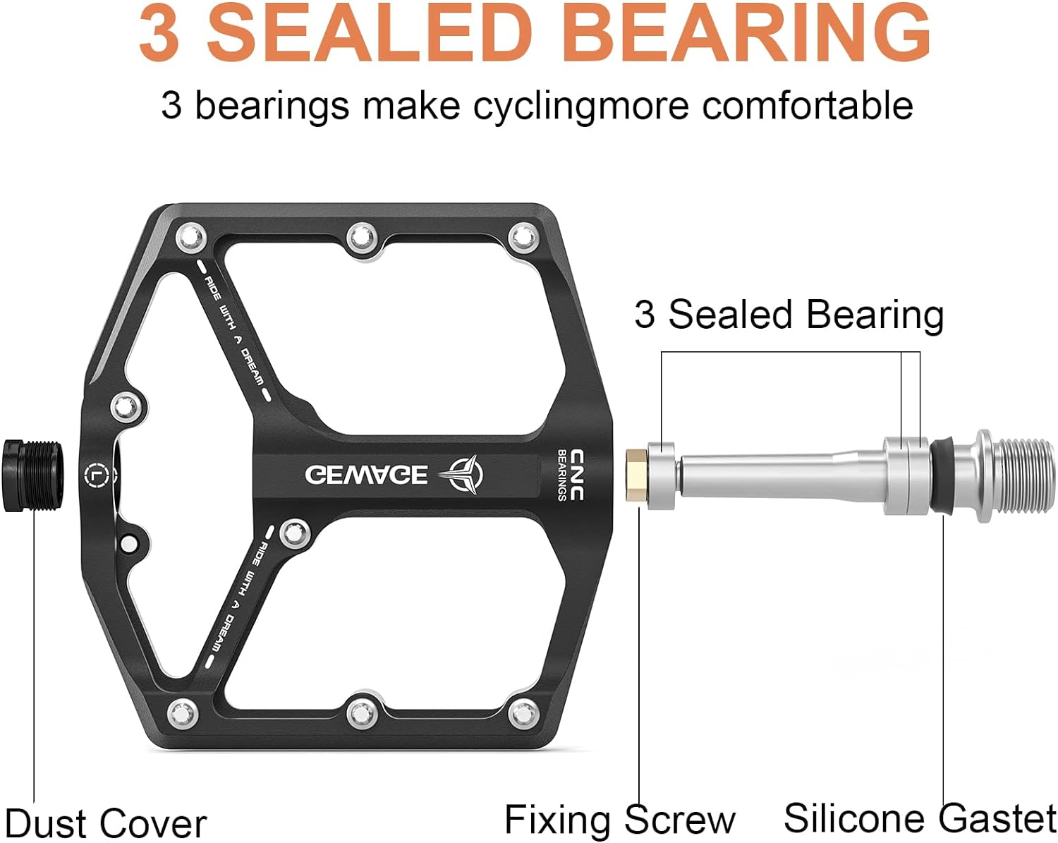 Road/Mountain Bike Pedals - 3 Bearings Bicycle Pedals - 9/16&rdquo; CNC Machined Flat Pedals with Removable Anti-Skid Nails image number 1