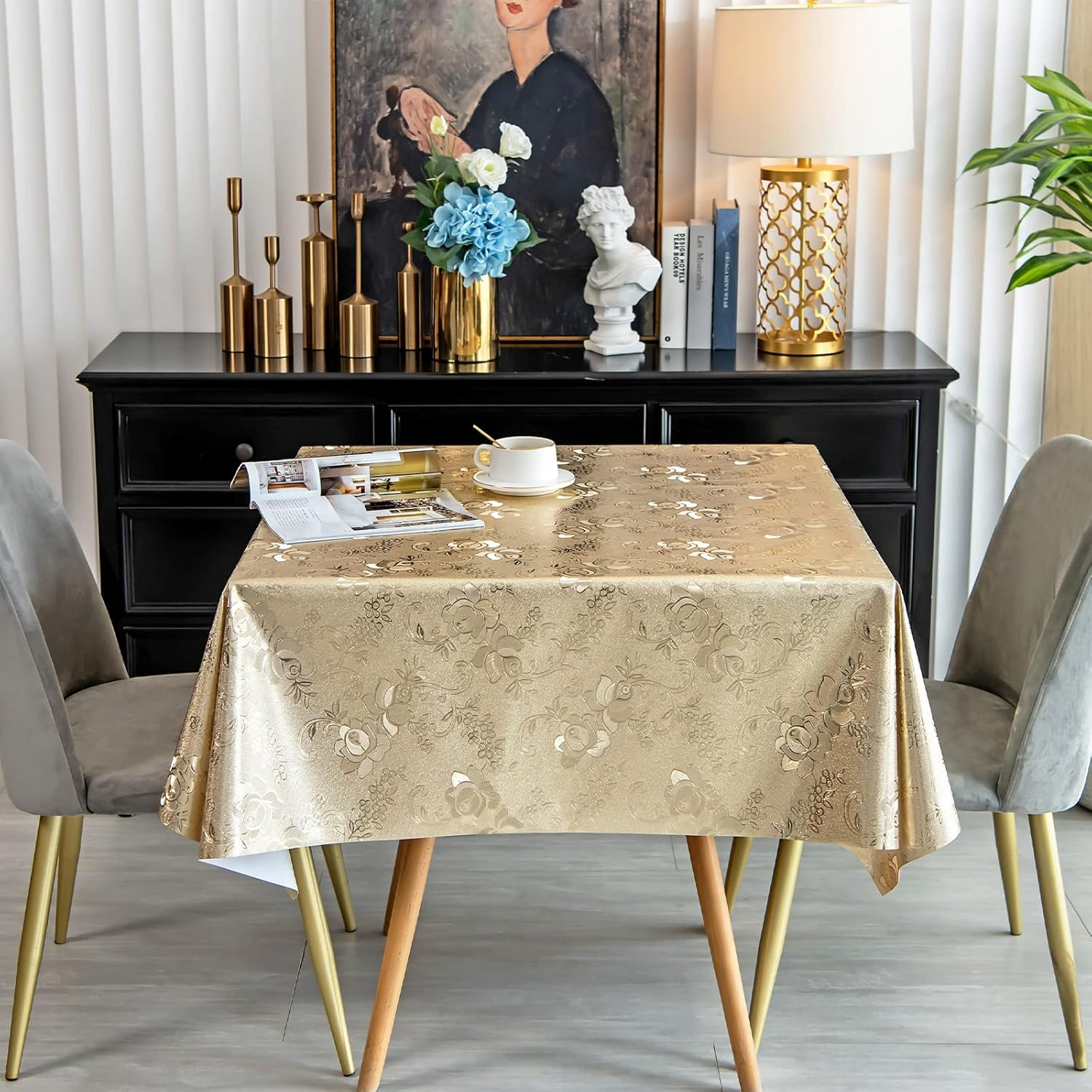 Jacquard Tablecloth, FHDUSRYO PVC Floral Pattern round Table Cloth, Waterproof Wipeable Magnolia Table Cover, Oil-Proof Table Protector for Kitchen, Dinning Room, Party (Gold, 140X140 Cm) image number 6