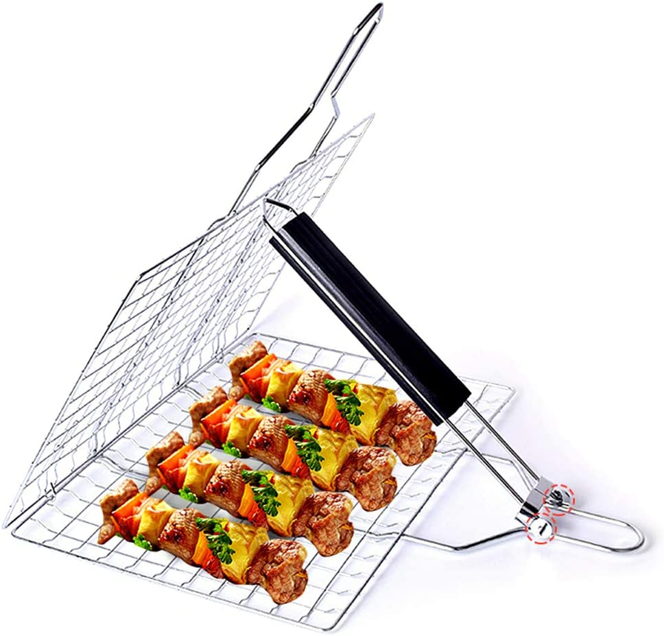 Barbecue Grill Basket, Foldable Non Stick Stainless Steel Wire Mesh Net Clip, Portable BBQ Grill Tool with Handle for Fish Vegetables Meat Steak Shrimp Chops