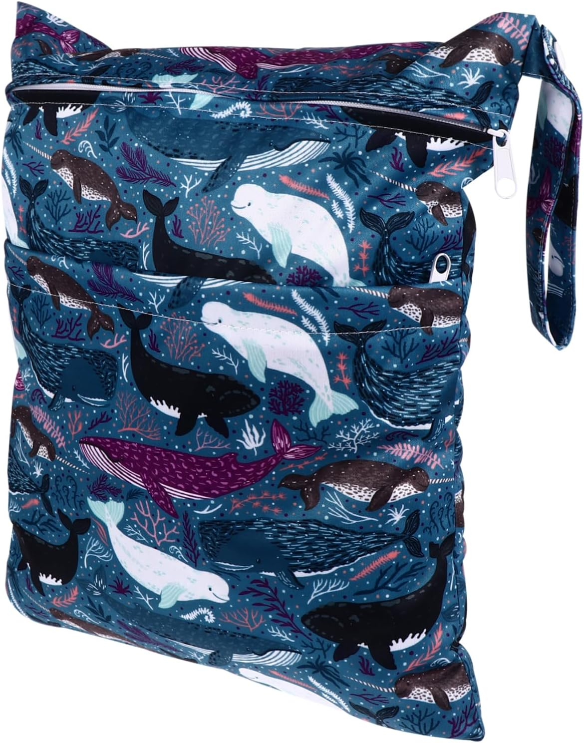 Reusable Baby Diaper Bag Wet Dry Bag Double Zipper Waterproof Printed Cloth Storage for Travel Pool Daycare, Whale Pattern image number 4