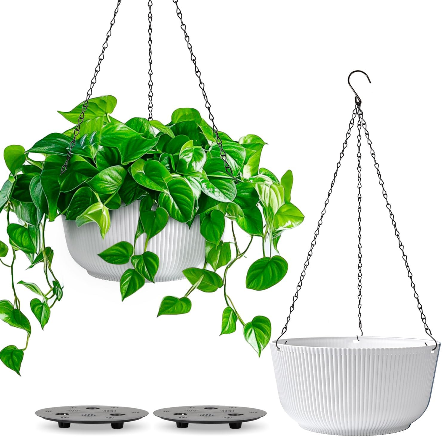 T4U Hanging Planter Self Watering 8 Inch, 2 Pack White Indoor Outdoor Hanging Plant Pots, Hanging Flower Pot with Drainage Hole & Plug & Chain with 3 Hooks for Garden Home Decor image number 3