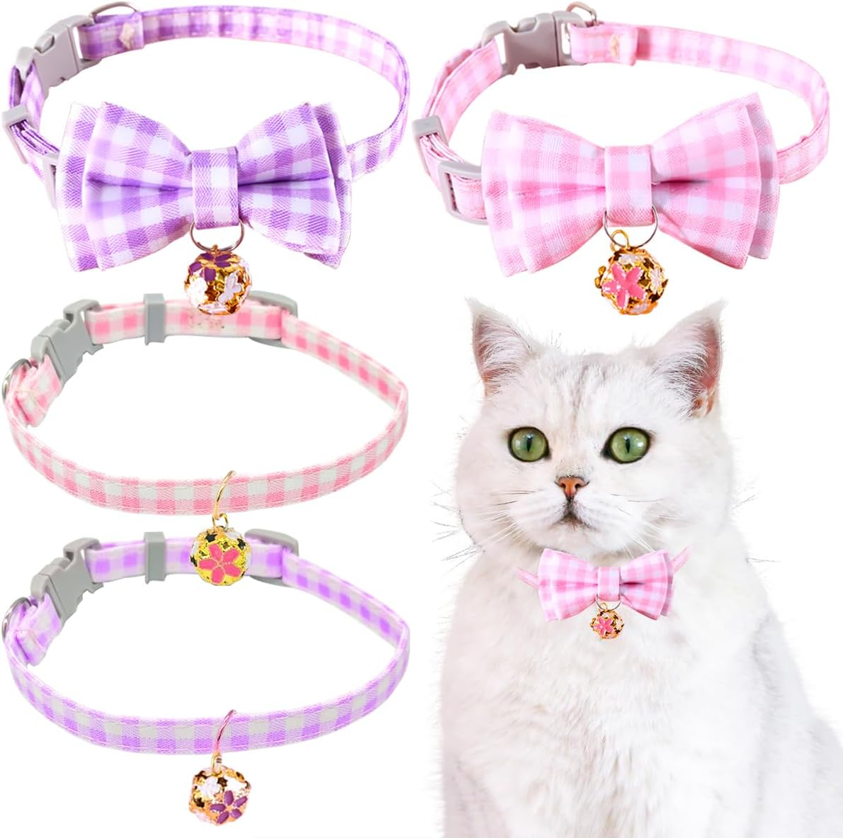 Ainvhh 4 PCS Cat Collar Summer Cat Collar with Removable Bow Ties, Cute Flower Plaid Kitten Collars with Bell, Quick Release Safe Buckle Adjustable Cat Kitten Collar for Kitty Adult Cats,Pet Supplies image number 4