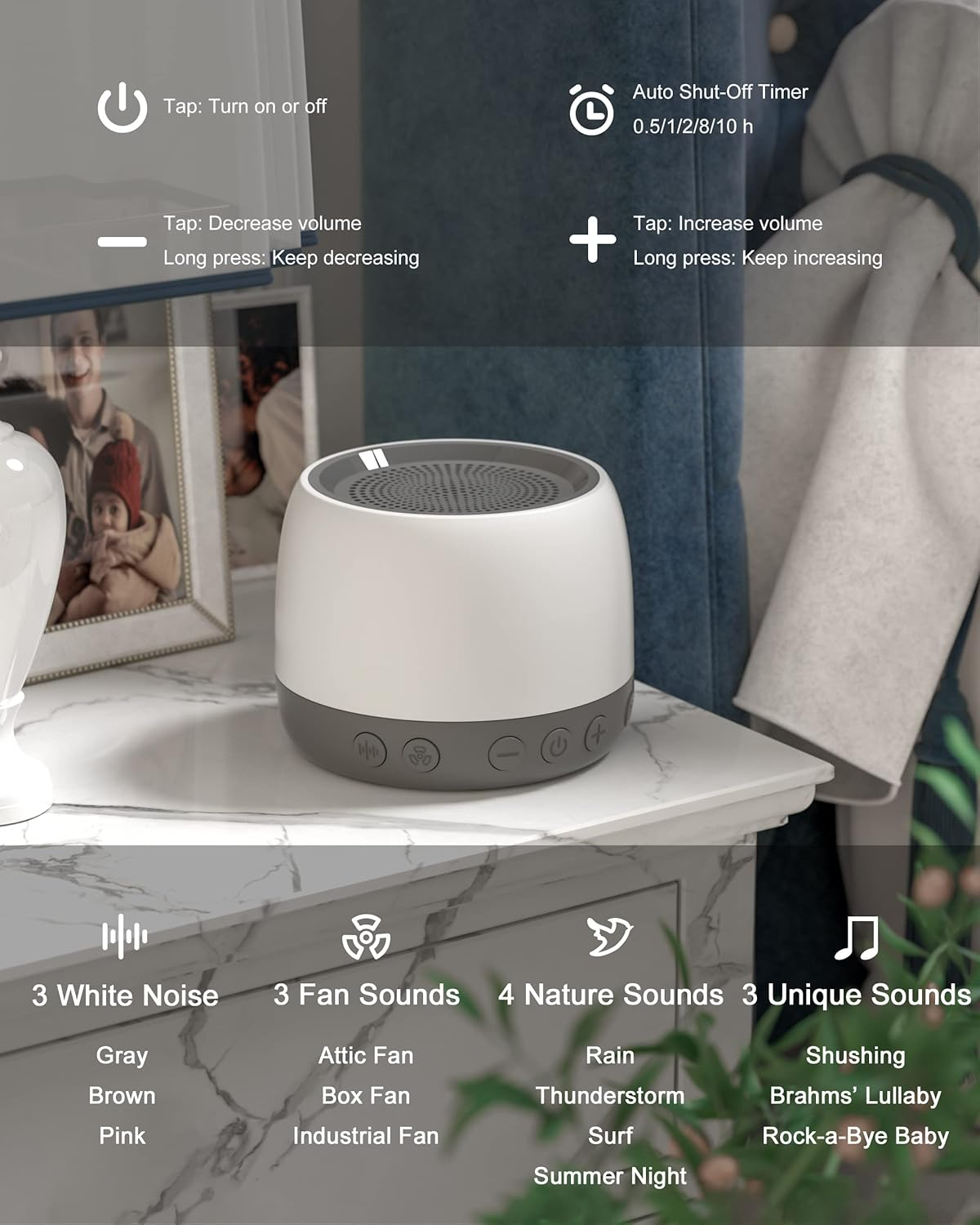 Elesories White Noise Machine, Sound Machine With13 Non Looping Natural Soothing Sounds for Adults Baby Sleeping, Also Be Used as a Multifunctional Speaker for Home, Office Privacy | Nursery | Travel image number 2