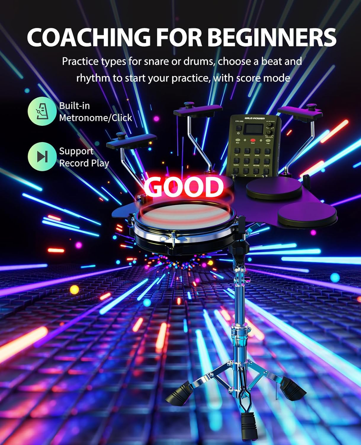 Electronic Drum Set, Portable Electric Drum Set for Beginner with Snare Quiet Mesh Drum Pads, 220 Sounds, 2 Switch Pedal, Tabletop Kids Drum Kit with Sticks, Travel Bag image number 5