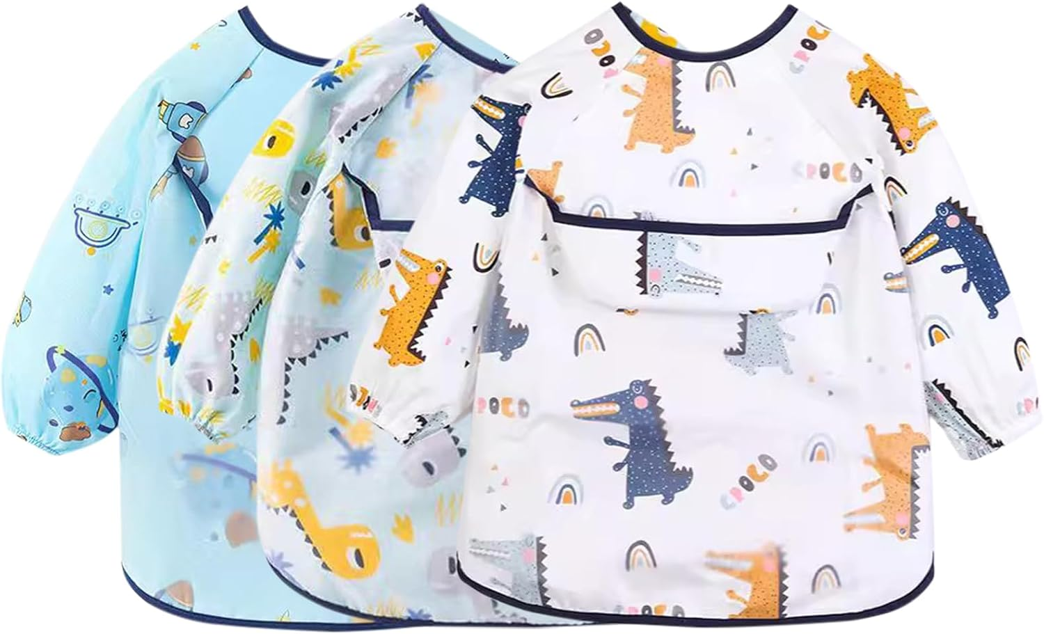 3 Pcs Long Sleeve Baby Bibs Set, Baby Smock Bib Infant Feeding Bibs with Food Catcher Pocket Waterproof, Wipe Clean Fit Toddler 3-24 Months