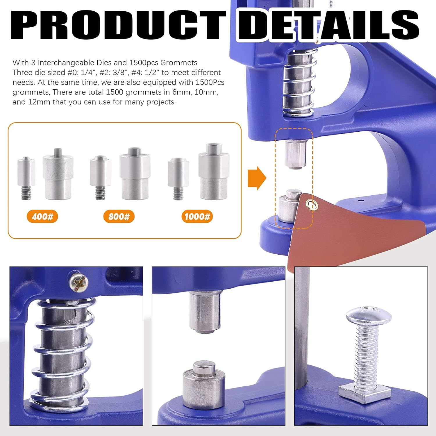 Rustark 3007Pcs Hand Press Grommet Machine 3 Dies Heavy Duty Eyelet Hole Punch Tool Kit W 3000Pcs Grommets Eyelets, 3Pcs Installing Tools Rivet Press Setter for Curtains Bag Belt Jeans Shoes, 0#2#4 image number 1