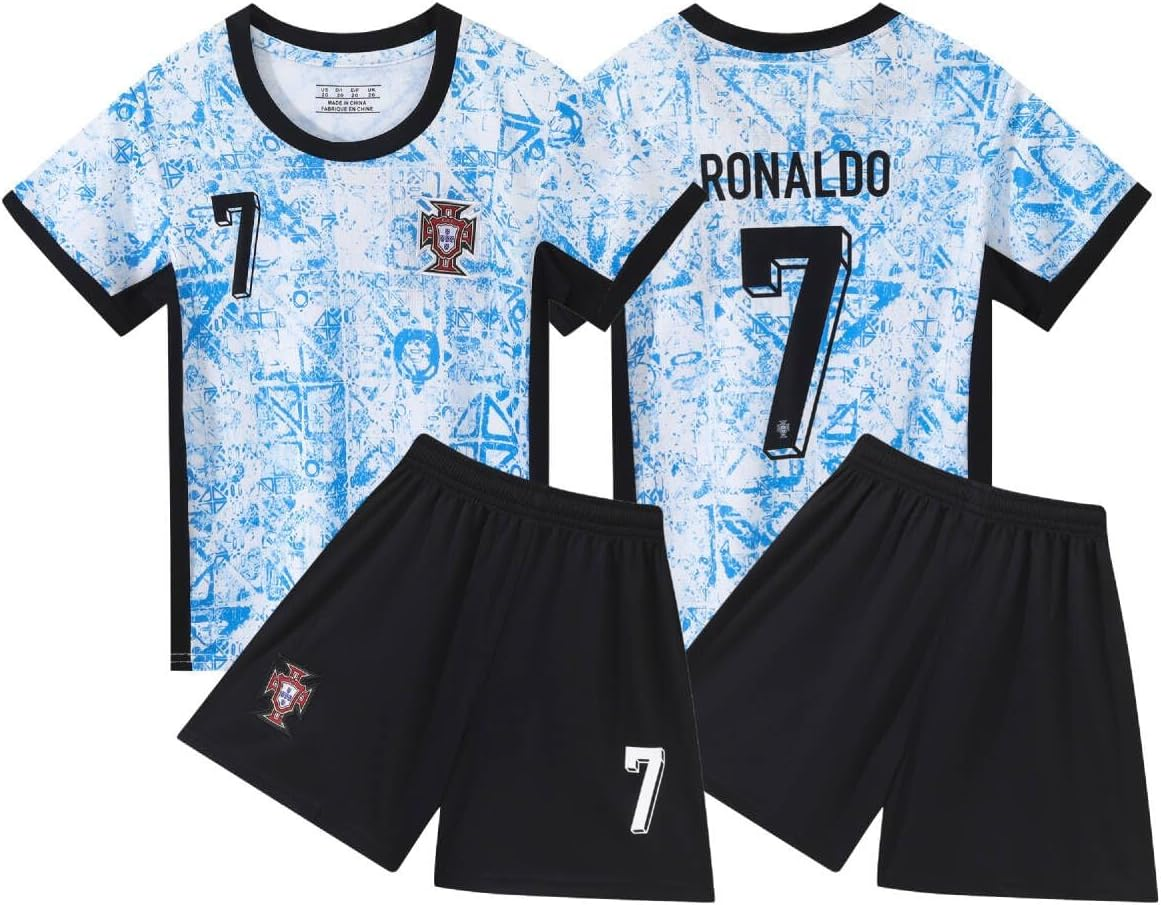 YEESON Youth Kid Soccer Jersey #7, Kids Soccer Jersey Away Portugal Blue Top + Shorts + Socks Kit image number 3