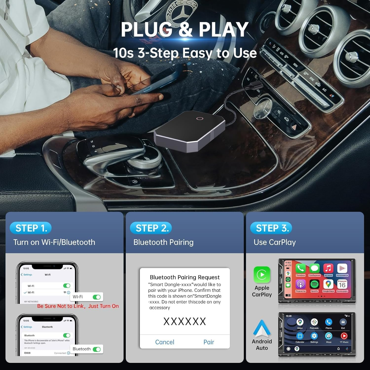 2-In-1 Wireless Carplay & Android Auto Adapter, Faster Converts Factory Wired to Wireless Car Dongle for Wirless Control Plug&Play Fit for Cars from 2015 & for Apple Ios 10+ & Android image number 1