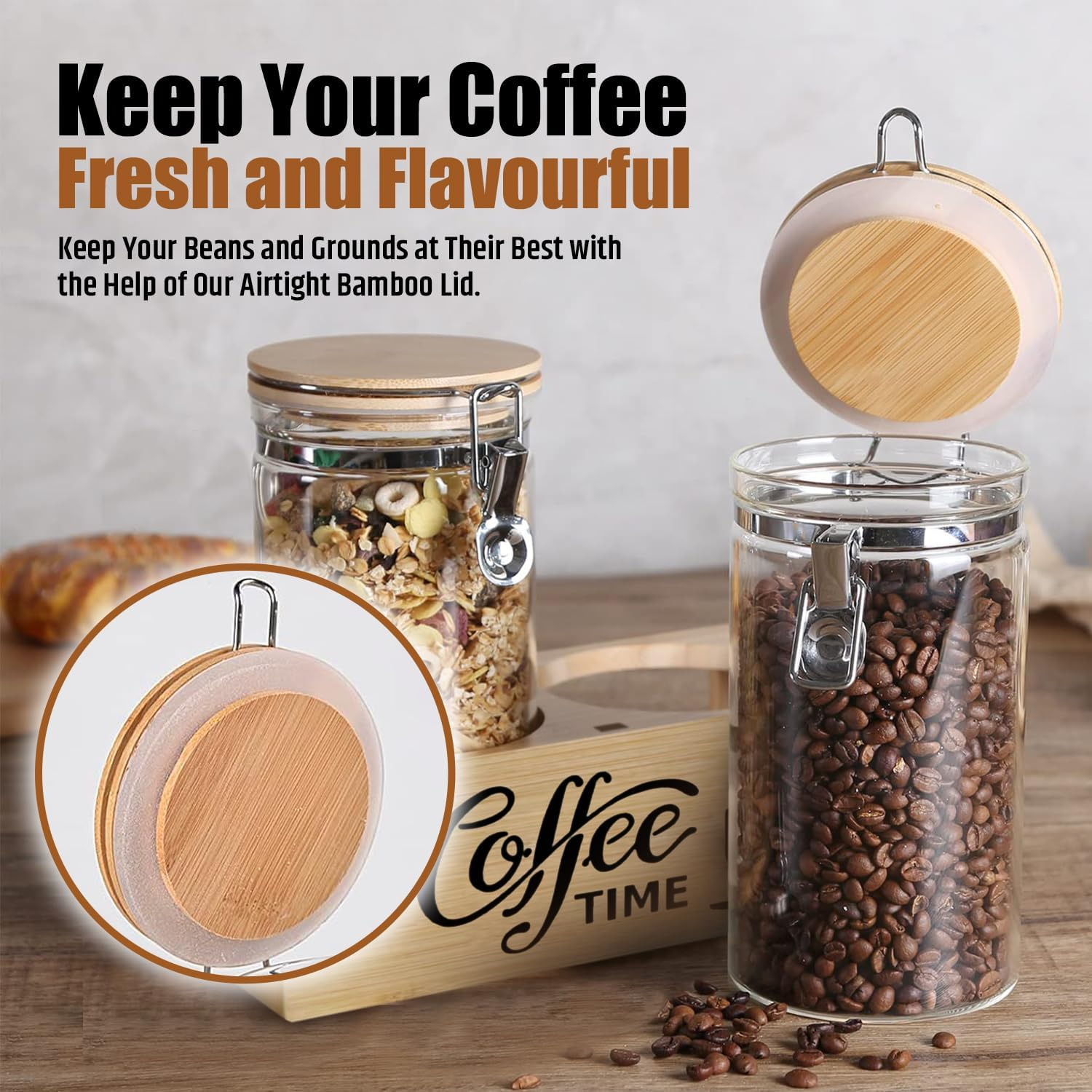 Generic Modern Elegant Coffee Canister Set - 2 X 1.5Kg Capacity, 33Cm L X 15Cm H - Glass & Bamboo, Airtight, Wire Clamp Closure - Perfect for Coffee & Dry Goods Storage image number 3
