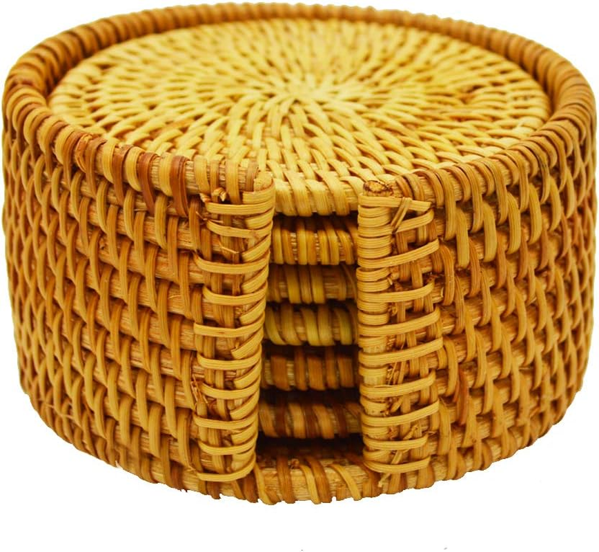 Handmade round Rattan Drink Coaster Set of 6 with Holder-4" in Diameter-Rustic Style to Dinning Room or Living Room