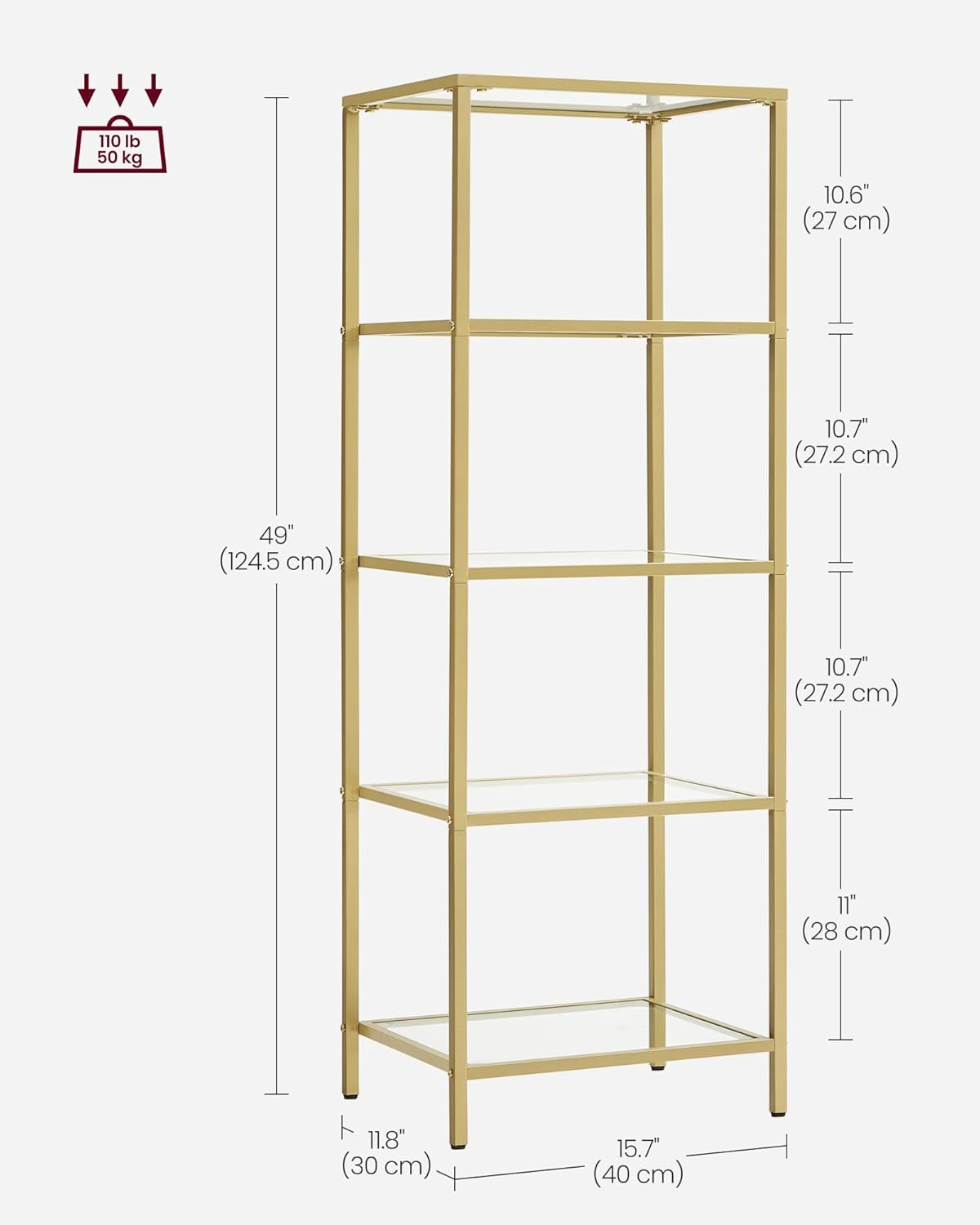 VASAGLE Bookcase, 5-Tier Bookshelf, Slim Shelving Unit for Bedroom, Bathroom, Home Office, Tempered Glass, Steel Frame, Metallic Gold ULGT029A01 image number 6