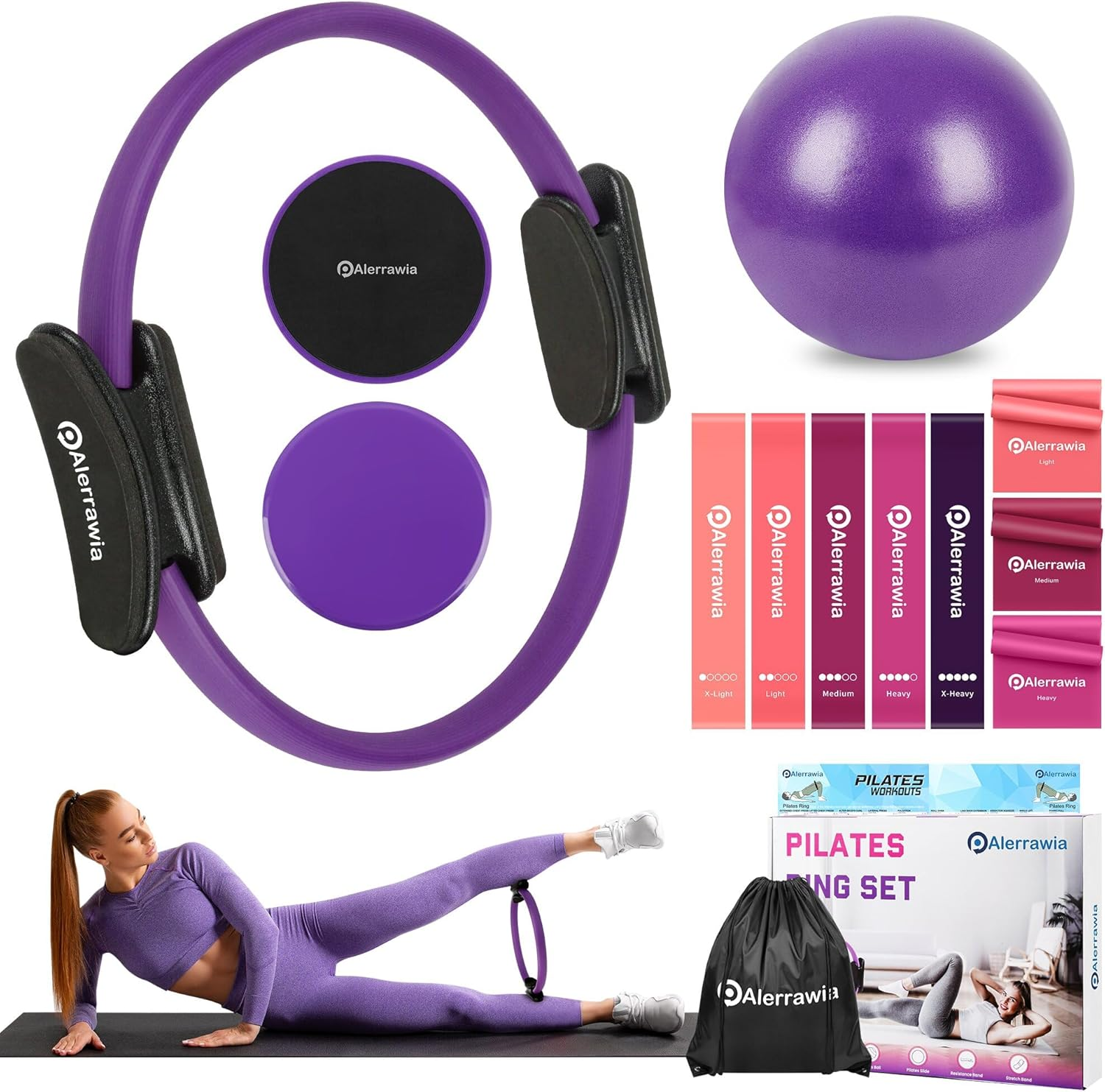 Alerrawia Pilates Ring Set-For Home Exercise - Anti-Deformation Magic Circle with Padded Handles.Sliding Disc.Resistance Bands 8-Piece Set,Ball. Guide & Bag