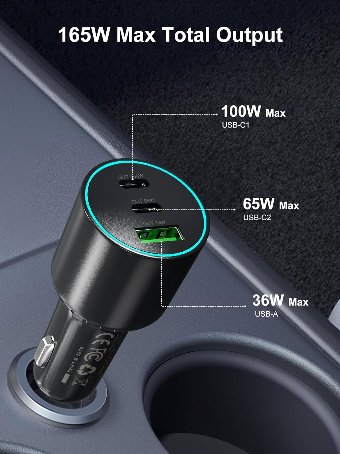 165W USB C Car Charger Fast Charging, 3 Ports Cigarette Lighter Adapter,Pd3.0 PPS 100W 65W,Compatible with Iphone 16 15 14 13, Galaxy S25 S24, Ipad, Macbook,With a 100W USB C Cable image number 5