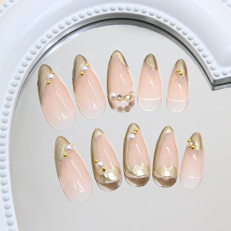 ＴＩＺＹＦＦ Press on Nails, French Gilded Edge Fake Nails, Artificial Nails for Women and Girls -24 Pc