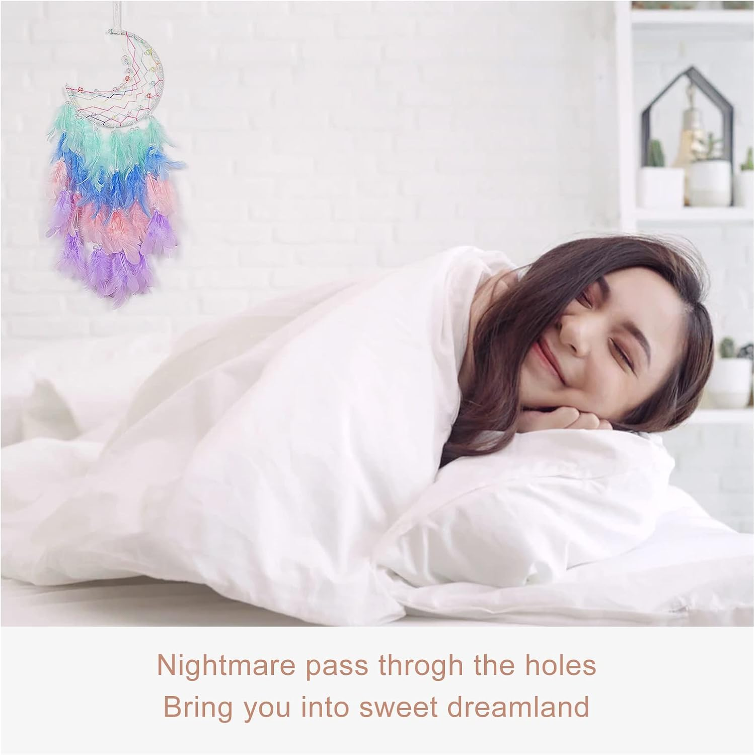 Funincrea Dream Catcher Half Moon Dream Catcher with Feathers Handmade Indian Style Wall Hanging for Living Room Bedroom Dorm (Green) - Blue image number 6