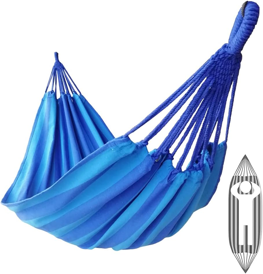 GOCAN Brazilian Double Hammock 2 Person Extra Large 220X160Cm Total Length 330Cm Load 500Lb Canvas Cotton Hammock for Patio Porch Garden Backyard Lounging Outdoor and Indoor(Dark Blue)