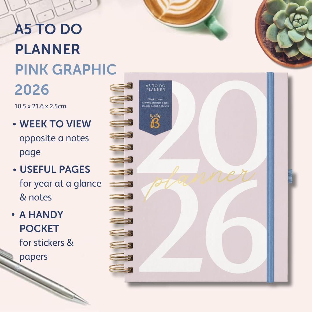 Busy B 2026 A5 Spiral Diary - Weekly Planner Journal &ndash; Desk Diary for Work or Home - Monthly Planning for Prioties and Goals with Tabs, Stickers, Pocket & Elastic Closure - Pink Graphic image number 6