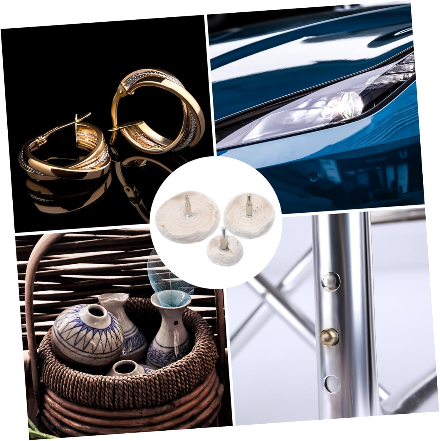 Mikinona 3Pcs Polishing Wheel Set with Handles &ndash; 50Mm, 75Mm, 100Mm Pure Cotton Buffing Mop Kit for Automotive Polisher Drill Equipment, White Cotton Polishing Wheels for Car Body Repair and Detailing