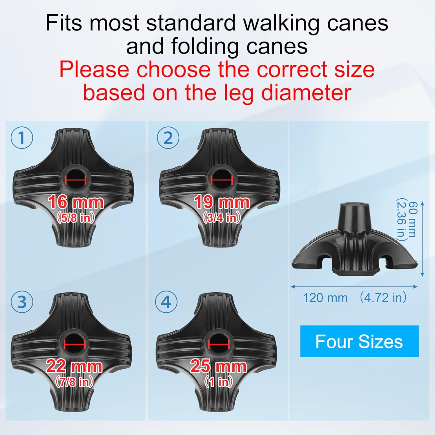 Supregear Cane Tip - Self Standing Heavy Duty Rubber Replacement for Walking Cane 19 Mm-Stable 4 Point Non-Slip Cane Tip for Folding Cane Walking Stick or Offset Quad Pod or Tripod Canes, Black image number 1