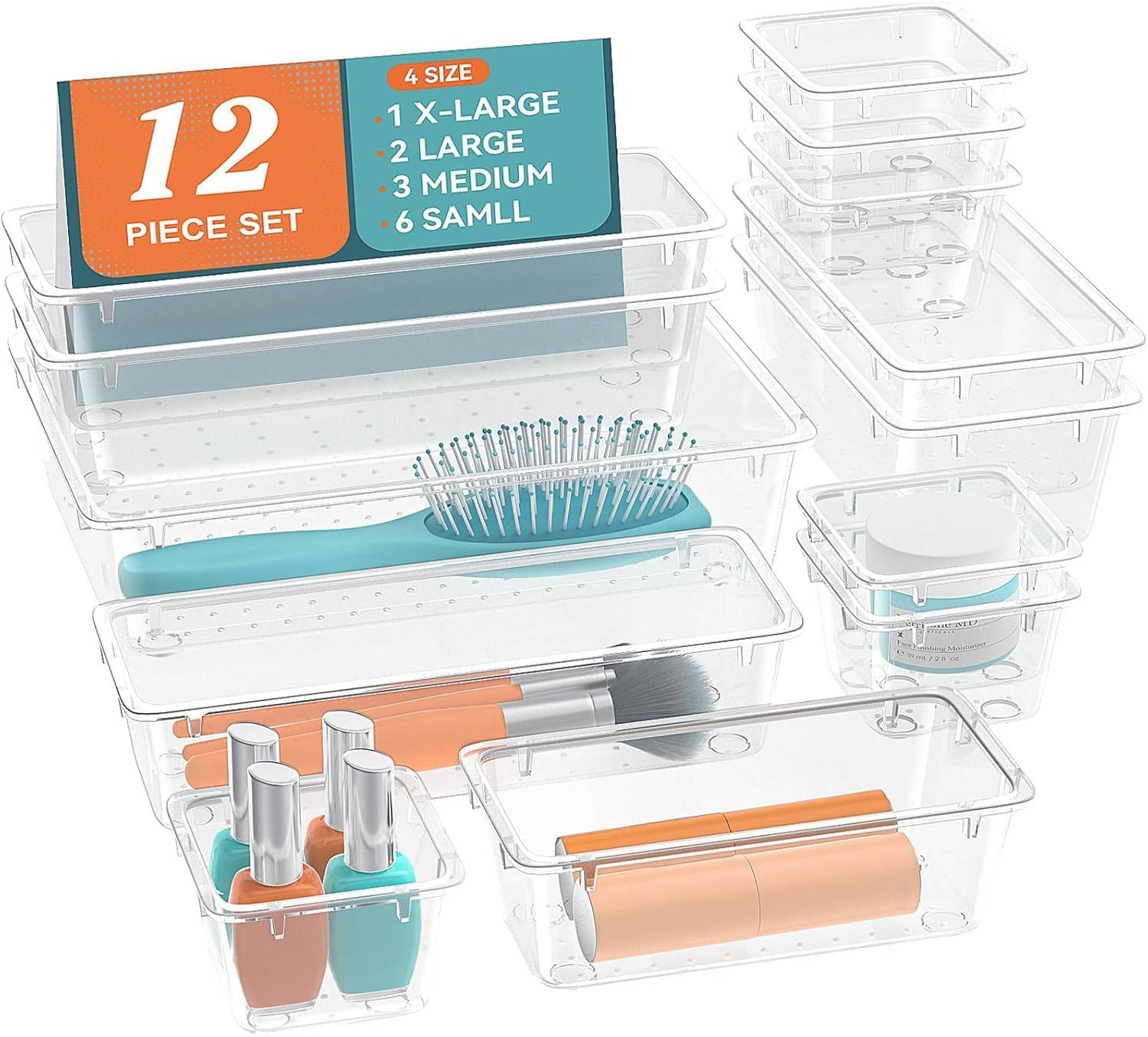 Elegantarray 12 PCS Drawer Organizer Set, 4 Sizes Makeup Vanity Organizer, Clear Plastic Organization and Storage Bins for Makeup, Jewelry, Multiple Gadgets for Kitchen, Bathroom, Office, Bedroom
