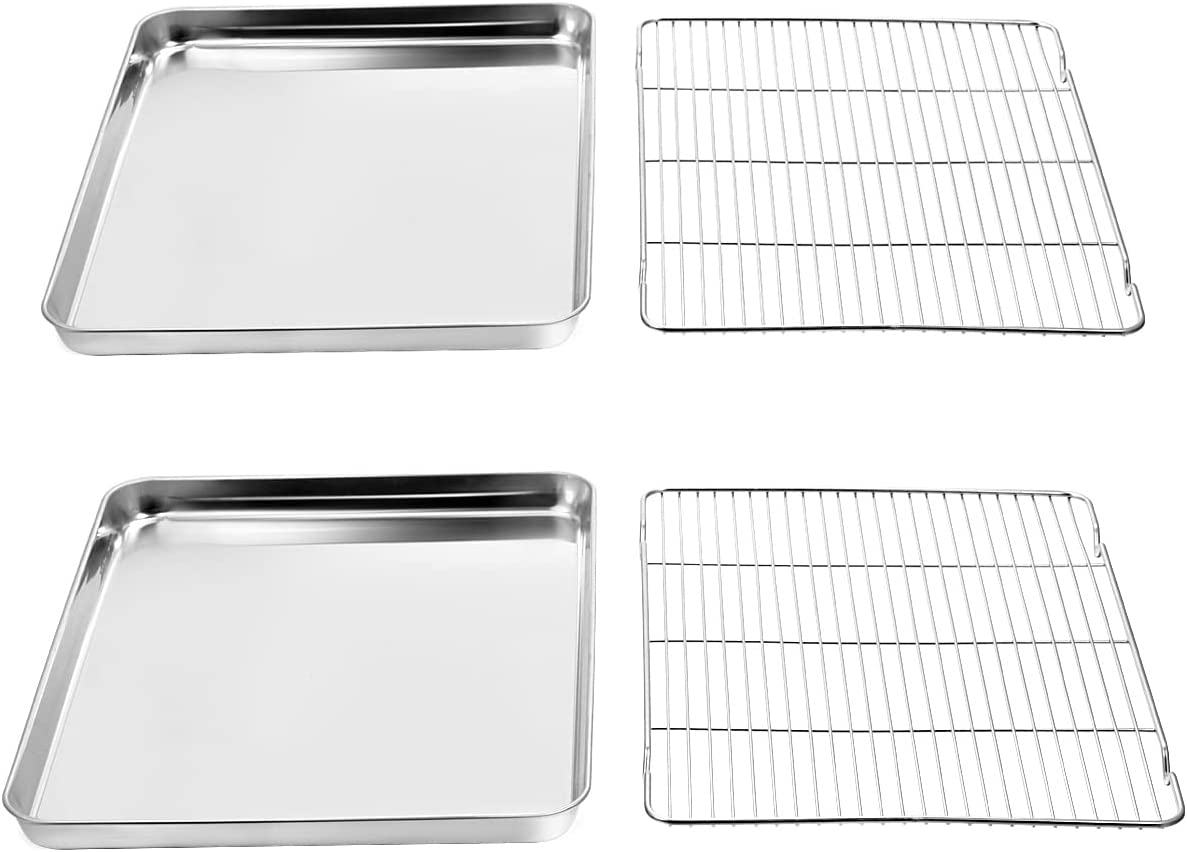 Wildone Baking Sheet & Cooling Rack Set [2 Sheets + 2 Racks], Stainless Steel Cookie Pan with Cooling Rack, Size 16 X 12 X 1 Inch, Non Toxic & Heavy Duty & Easy Clean 16 X 12 X 1 Inch Silver