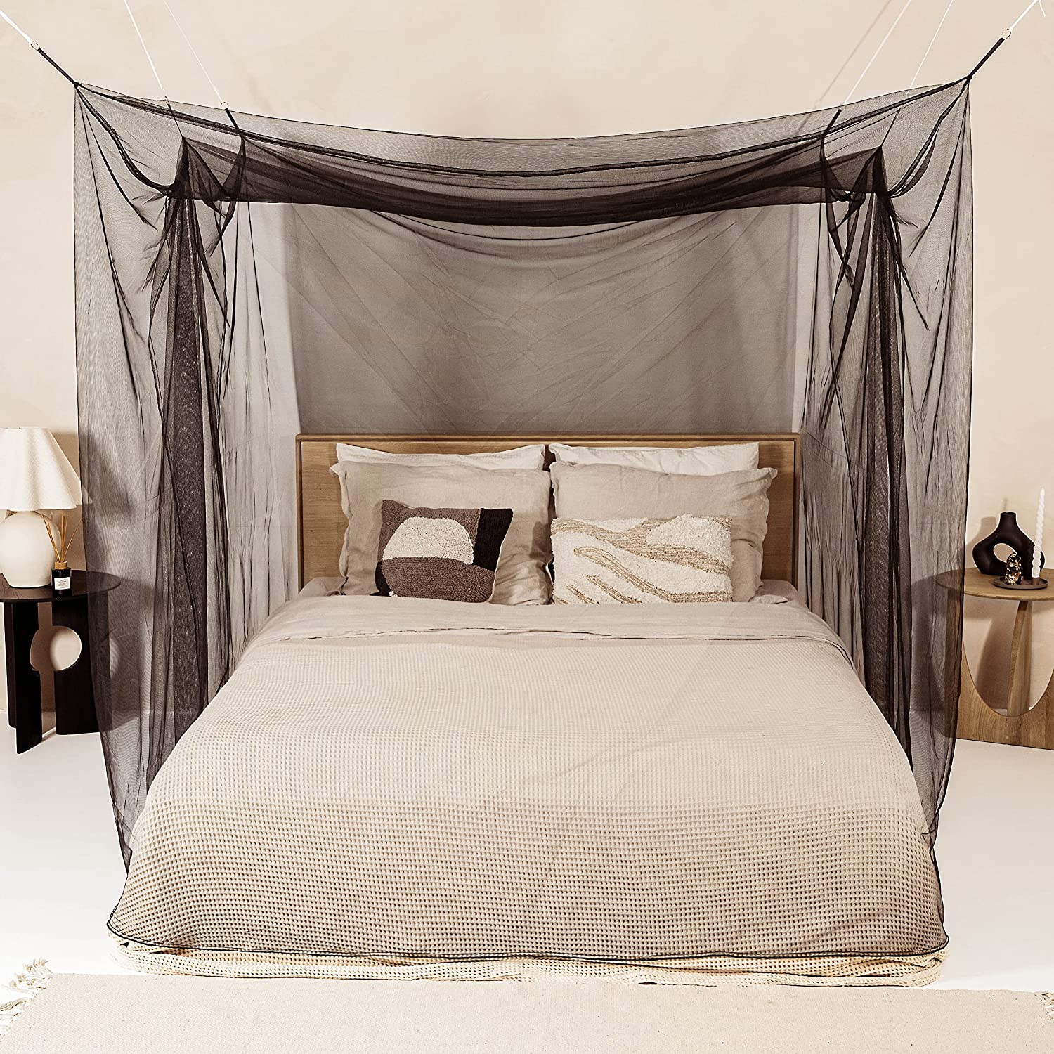 Mosquito Net for Double Bed, White, 6 Hanging Loops and 4 Side Openings, Decorative Rectangular Shape for Home & Travel, Canopy Hanging Set and Carry Bag Included, 210 X 200 X 200 Cm