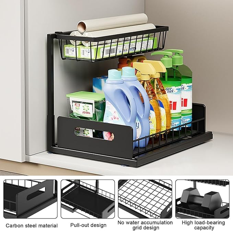 2 Pack under Sink Organizer, 2 Tier Slide Out Cabinet Storage Shelves, Multi-Purpose Metal Oragnizer for Home,Kitchen,Bathroom (Black)