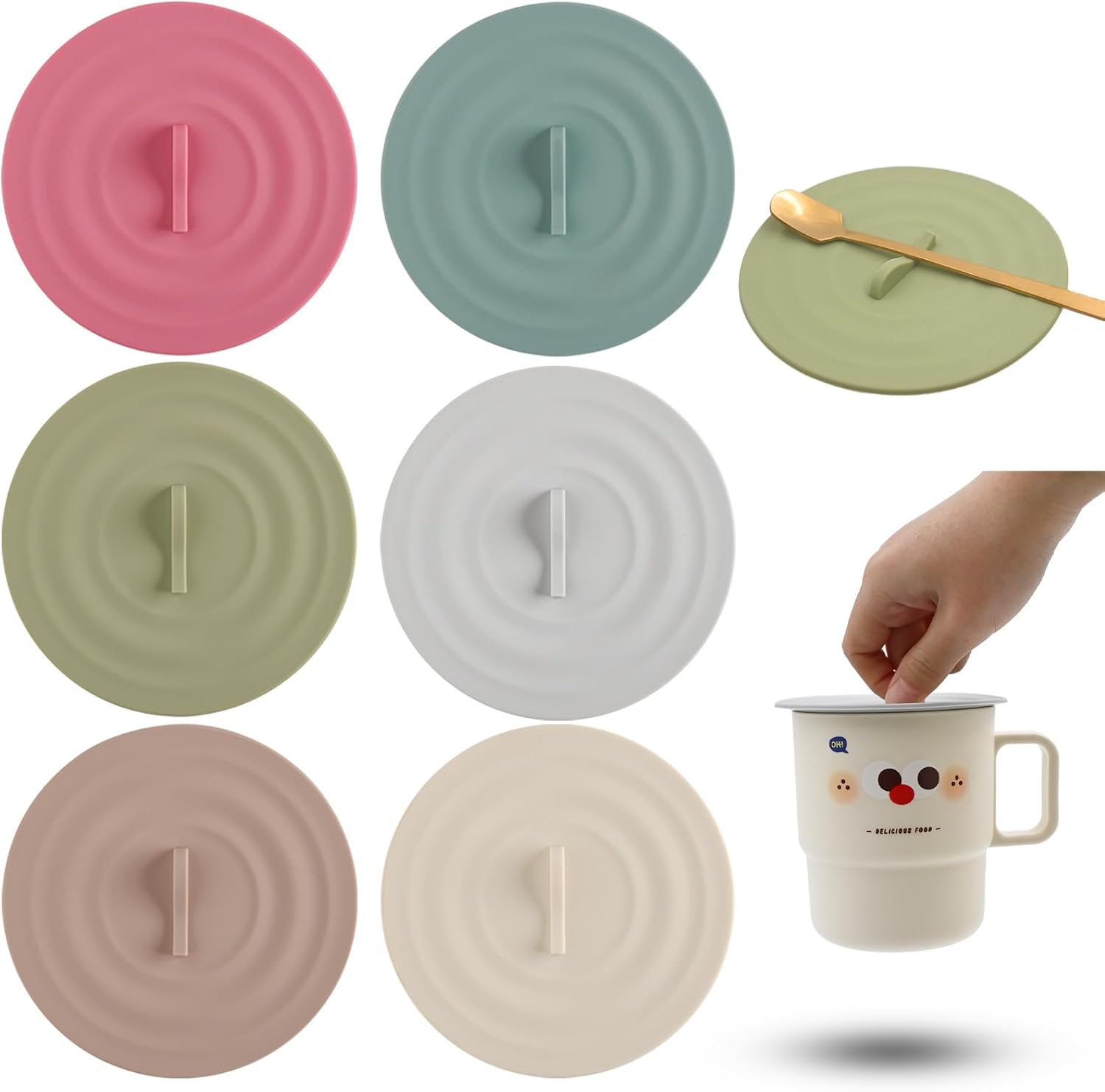 6 Pcs Silicone Lids for Cups, Morandi Colored Cup Covers for Drink, Anti-Dust Seal Airtight Cup Cover with Spoon Holder, Universal Cup Lids for Mug Tea Cup Coffee Cup Glass (Style 2) image number 5