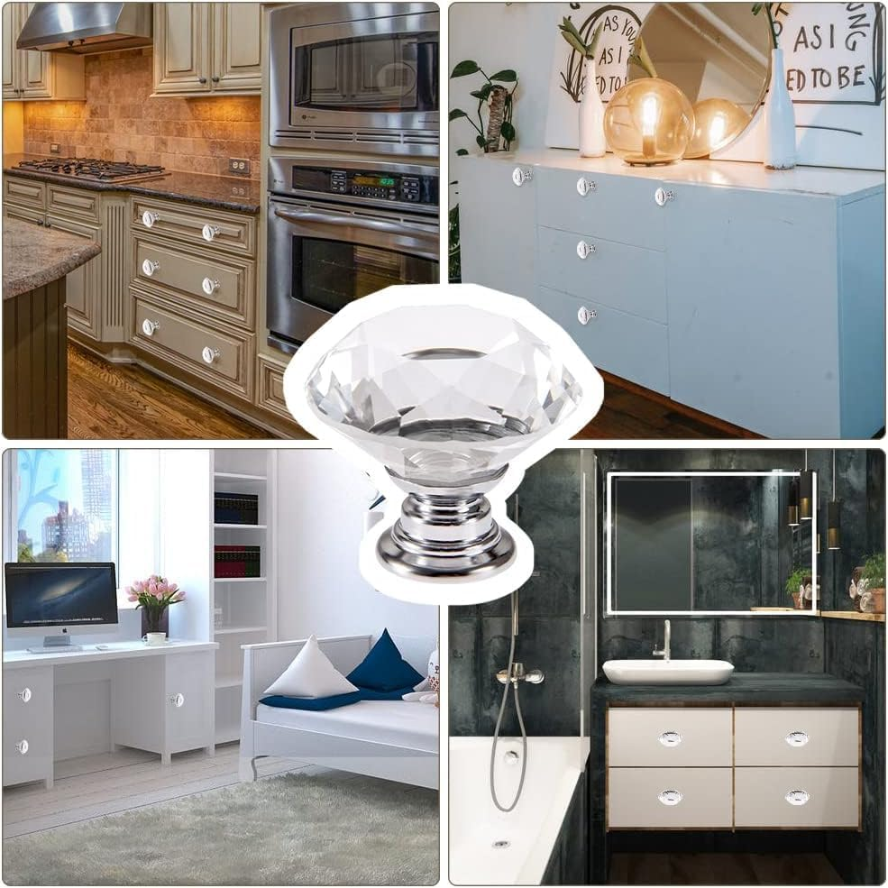 Mtsooning 2Pcs 40Mm Diamond Crystal Glass Knob for Closet Cabinet Drawer Kitchen Dresser Cupboard Wardrobe,3 Size Screws,Clear image number 1
