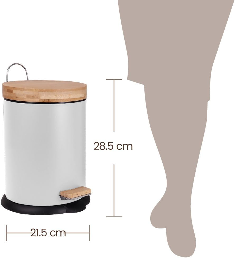 Eco Basics Rubbish Bin, White, 5 L &ndash; 100% Recycled Plastic, Bamboo & Powder-Coated Chrome, Rust-Resistant, Non-Skid Base, Soft-Close Mechanism, Compact for Bathrooms & Toilets, 28.5 X 21.5 Cm image number 5