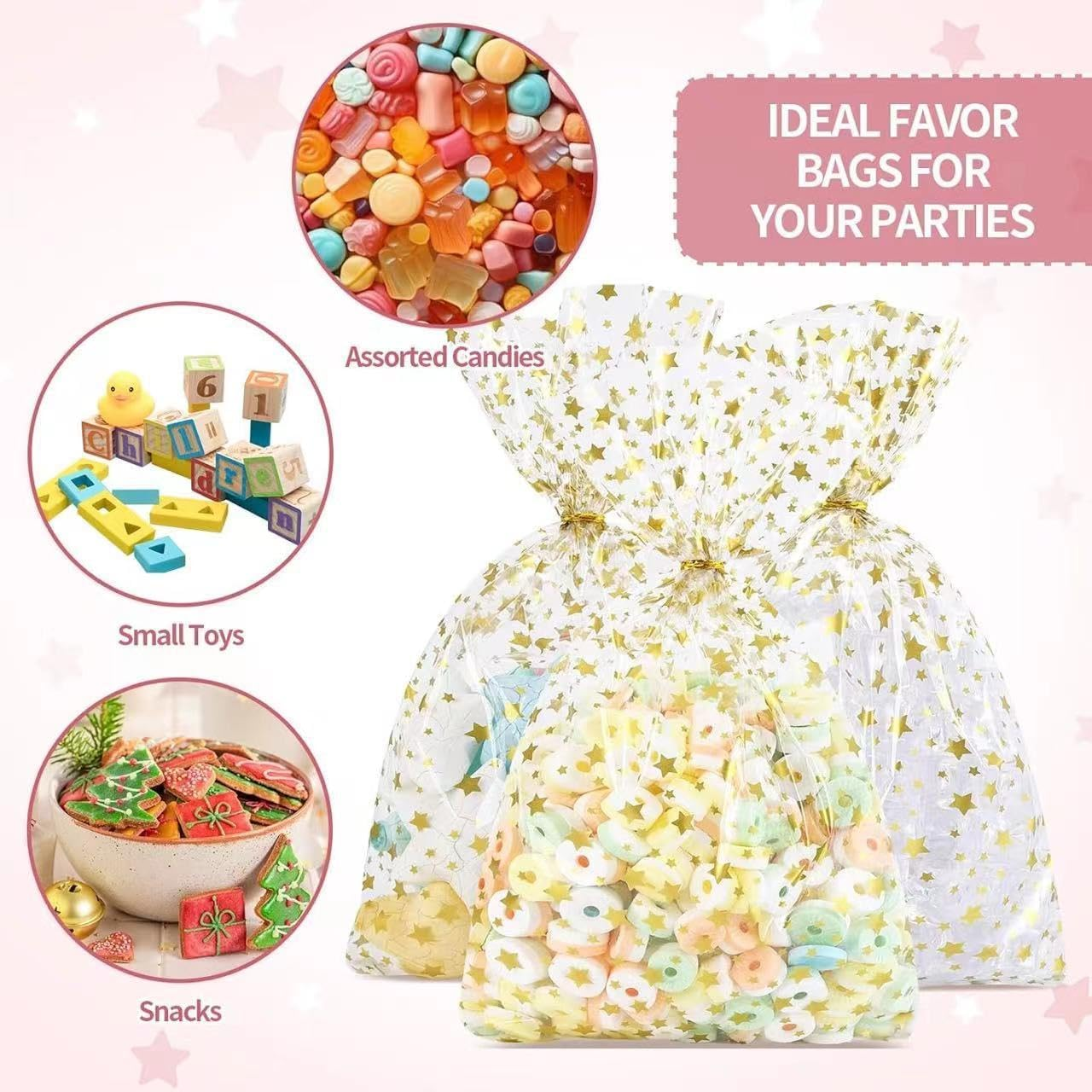 SYTHAK Cellophane Treat Bags,100 PCS Star Candy Bags with Twist Ties,Goodie Gift Wrap Cookie Cello Bag for Valentine, Birthday,Christmas,Baby Shower, Wedding Party Favor Supplies (Gold) image number 5