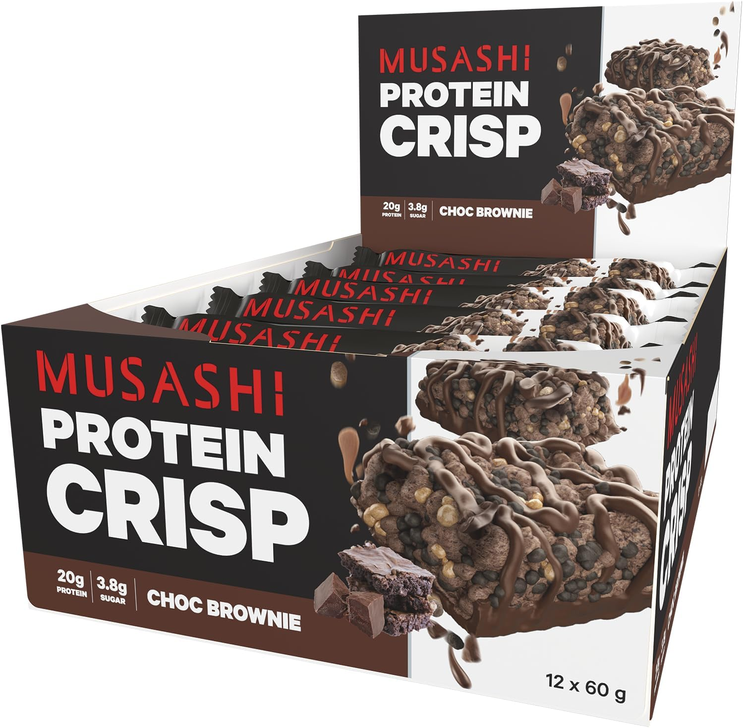 Musashi Protein Crisp Bar, Chocolate Brownie Flavour, 60G &ndash; 12 Pack High Protein Snack with Crunchy Texture for Recovery, Energy & Lean Muscle Support