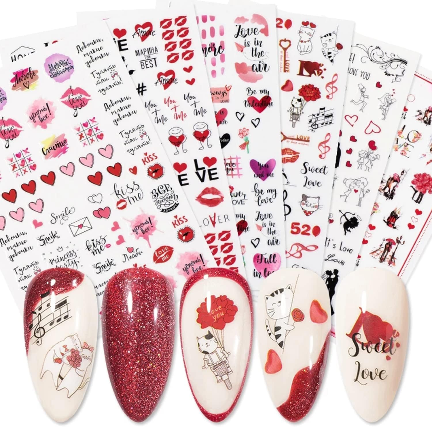 12 Sheets Valentine'S Day Nail Art Stickers Decal 3D Heart Nail Decals Self-Adhesive Red Sexy Lips Love Rose Kiss Angel Letter DIY Nail Design Sticker Nail Supplies Manicure Decoration for Women Girls image number 6