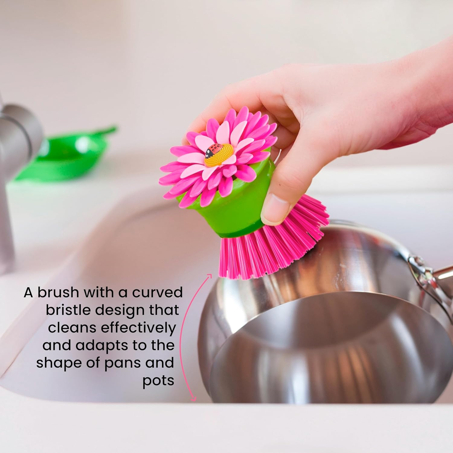 VIGAR Flower Power Palm Dish Brush with Holder, Pink (2 Pieces) image number 3