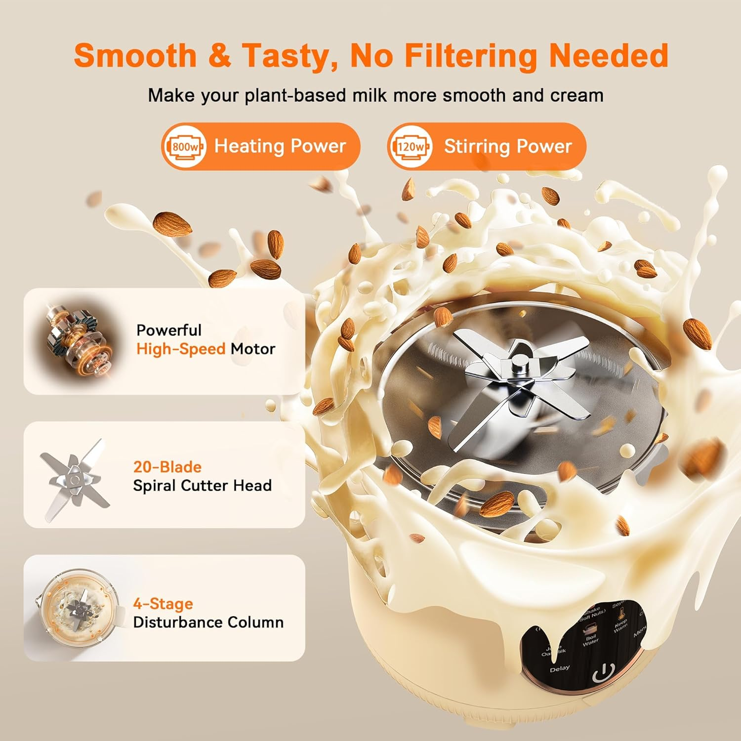 1500Ml Automatic Nut Milk Maker 20 Blades for Almond Oat Soy 10 in 1 Milk Plant Based Milks Chowder Juice with Delay Start Boil Water Keep Warm Auto Clean