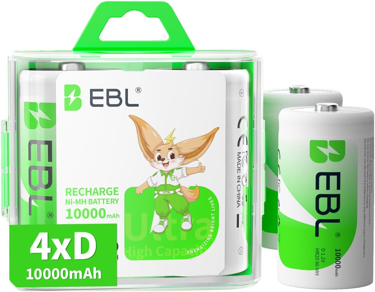 EBL 4 Pack D Size 10,000Mah High Capacity High Rate D Cell Nimh Rechargeable Batteries, Storage Cased Included image number 3