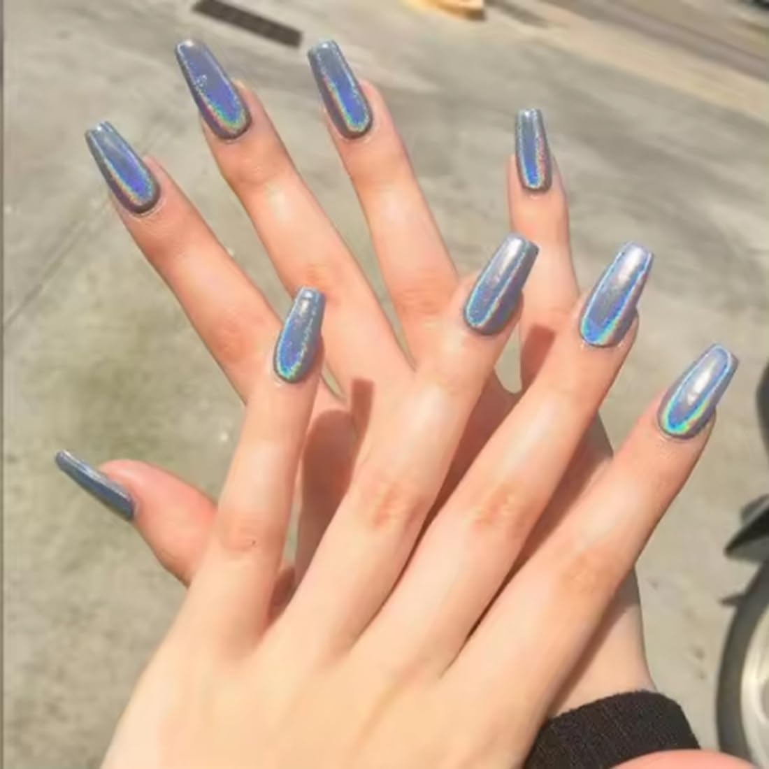 VIKSON INTERNATIONAL 24 Pcs/Set of Silver Mirror Shine Flat Tip False Nails Full Fake Nail Tips with 2 Gm Professional Nail Glue. image number 1