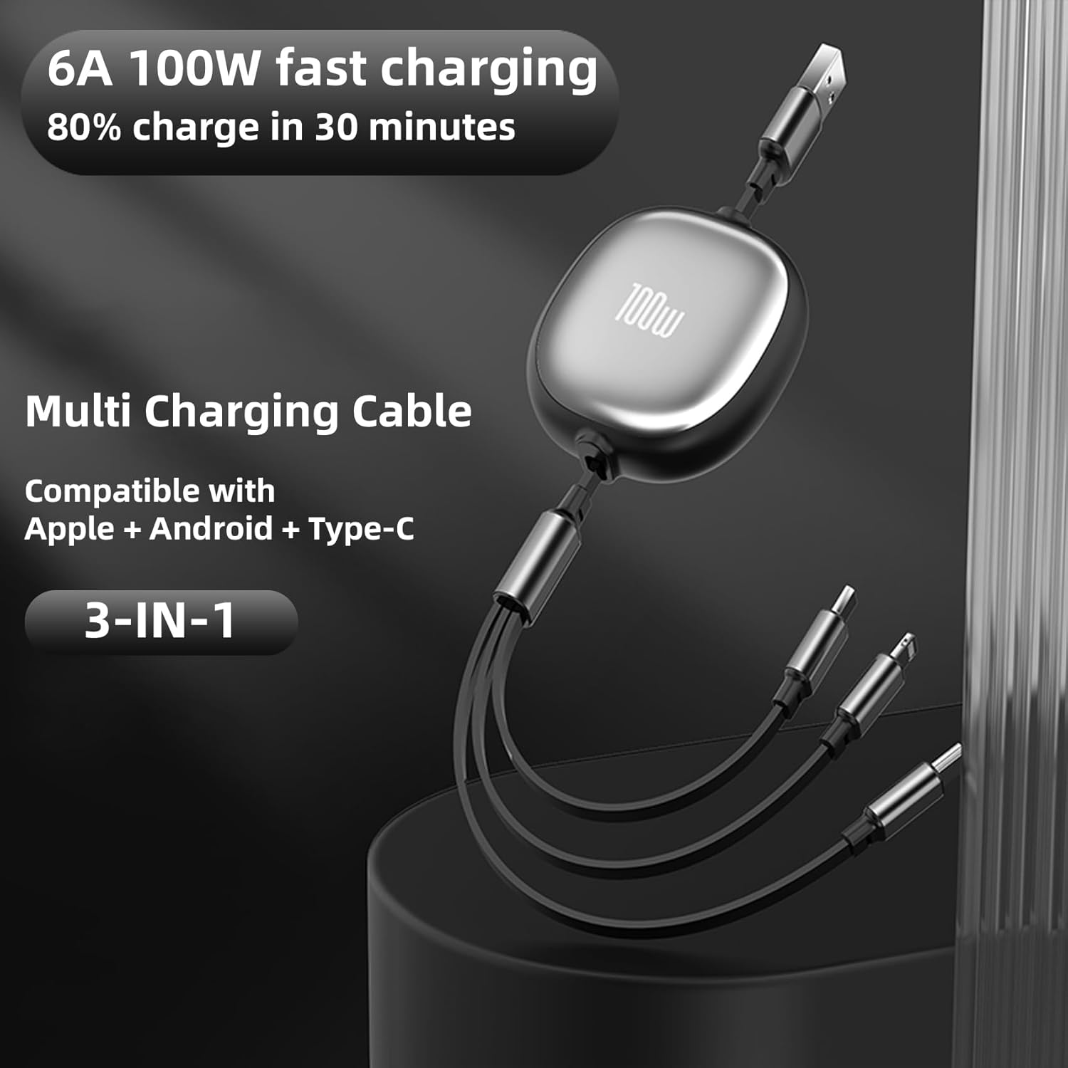 100W Retractable Multi Charging Cable, 3 in 1 Retractable Car Charger with Type C/Lightning/Micro USB Cords for Iphone 16 15 14/Galaxy/Ipad/Ps/Kindle, 4Ft 6A Fast Chargers for Multiple Devices, Black image number 2