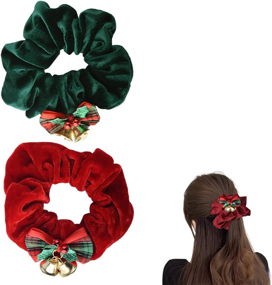 Xmas Christmas Hair Scrunchies for Women Holiday Christmas Hair Ties Christmas Hair Bands Accessories for Women'S Hair Red Green Hair Scrunchie Bell Christmas Ponytail Holder Bow Tip Hair Ties 2Pcs image number 6
