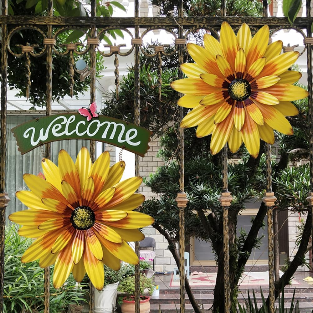 3 Pack Metal Flowers Wall Decor and Butterfly Wall Decor Art -Outdoor Wall Art Decor for Garden Yard Living Room Bedroom Patio Balcony Hanging Decoration,Wall Sculptures for Deck Decor,Porch, Bedroom image number 2