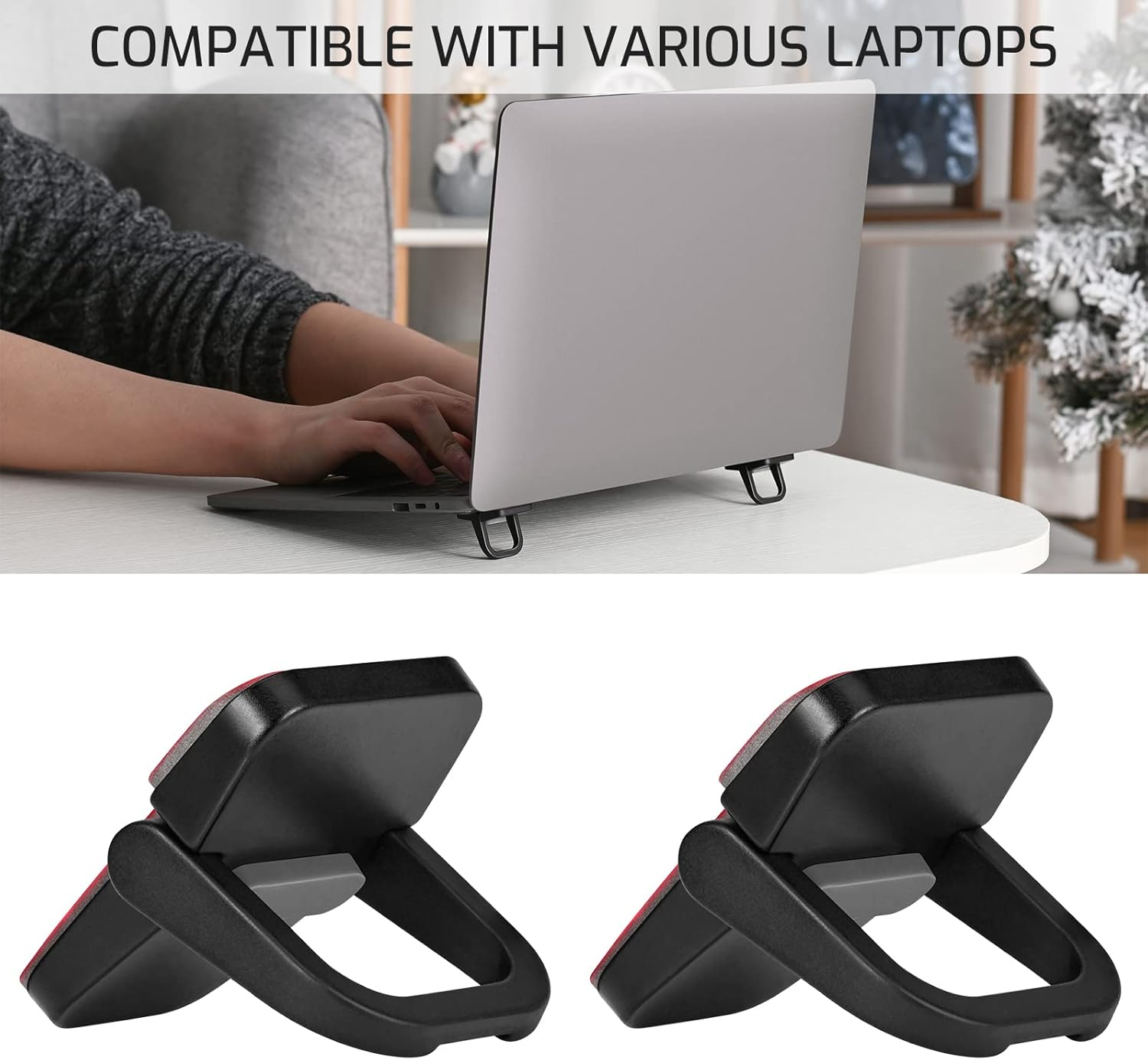 2 PCS Portable Invisible Laptop Stand, Mini Aluminum Feet Lifter, Self-Adhesive Foldable Cooling Riser, Computer Keyboard Mount Kickstand, Suitable for 12-17 Inches, Black - Gold image number 5