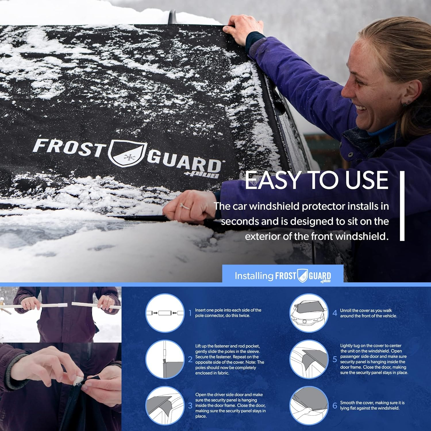 Frostguard plus | Winter Windshield Cover for Ice and Snow, XL Size (Indigo) - Built-In Security Panels, Wiper Blade Coverage + Mirror Covers - Fits XL Size Cars, Trucks and Suvs, 68 X 41 Inches image number 4